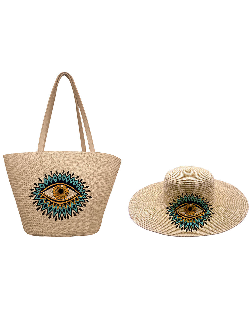 Women's Style Straw Woven Hat Set Vintage Eye Print Bags
