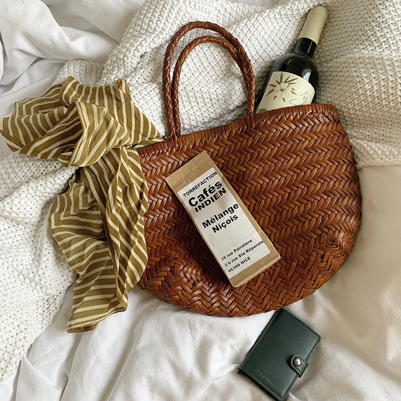 Women's French Retro Woven Portable Female Vegetable Travel Bags