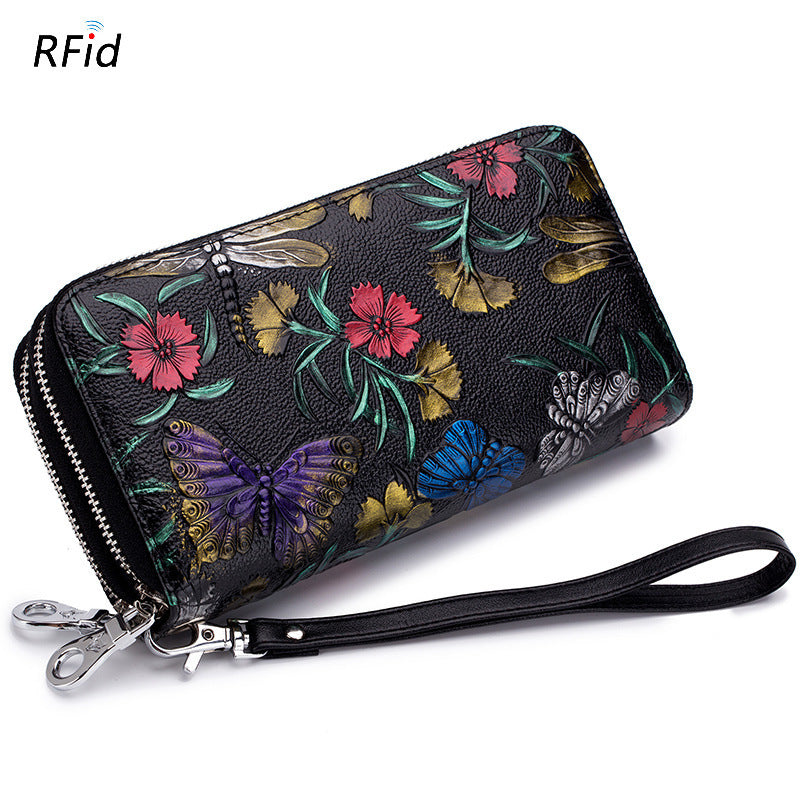 Women's Genuine Leather Large Capacity Painted Double Zipper Long Multiple Slots Ladies Wallet