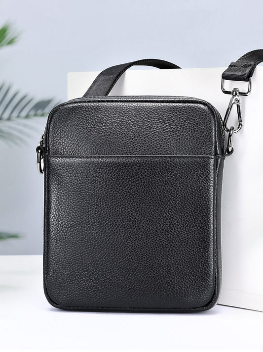 Men's Vintage Cowhide Genuine Leather Vertical Black Fashion Men's Shoulder Bag