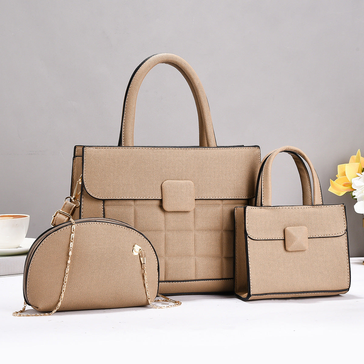 Plaid Stitching Three-piece Large Capacity Versatile Bags