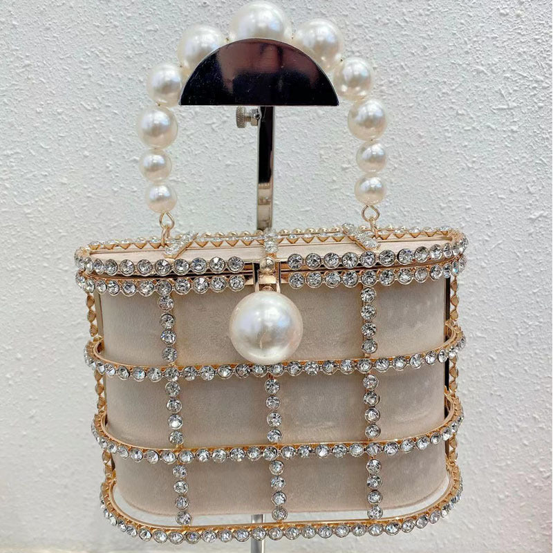 Hollow Metal Pearl Silk Satin Birdcage Vegetable Basket Bags
