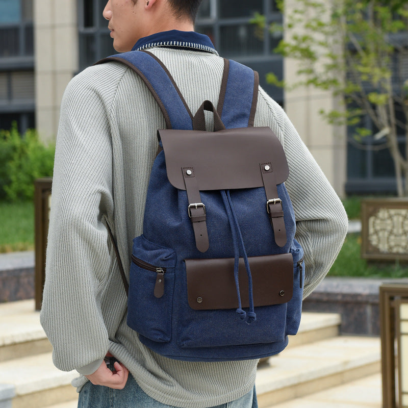 Men's Canvas Computer Personalized Fashion Drawstring Flip Leisure Backpack