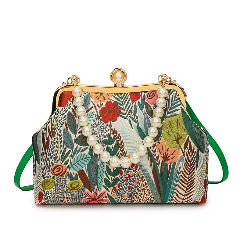 Women's Flower Embroidered Clipped Button Design Pearl Women's Messenger Bag
