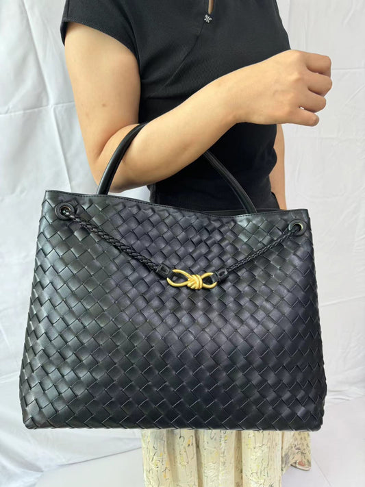Women's Bow Metal Cord Fastener Woven Genuine Leather Bags