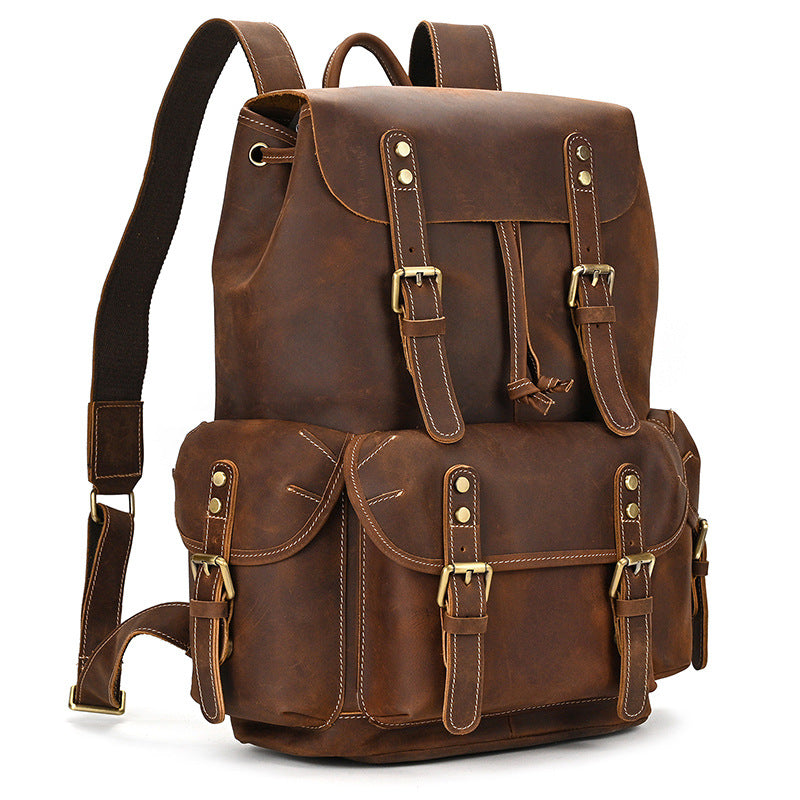 Men's Crazy Horse Leather Cowhide Large Capacity Universal Backpack