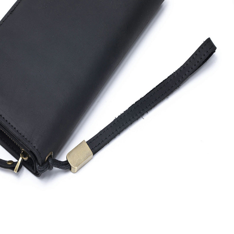 Men's Capacity First Layer Cowhide Simple Solid Color Long Two Fold Handbags