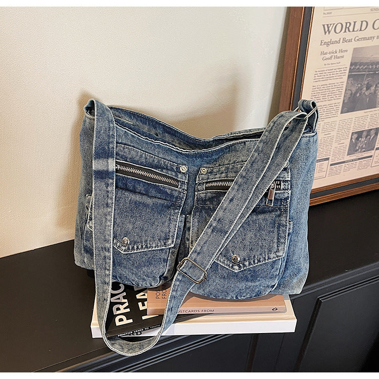 Minority Motorcycle Double Pocket Denim Female Large Tote Bag