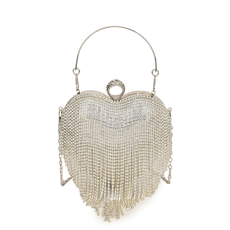 Women's Portable Rhinestone Heart High-grade Tassel Dinner Dress Women's Shoulder Bag