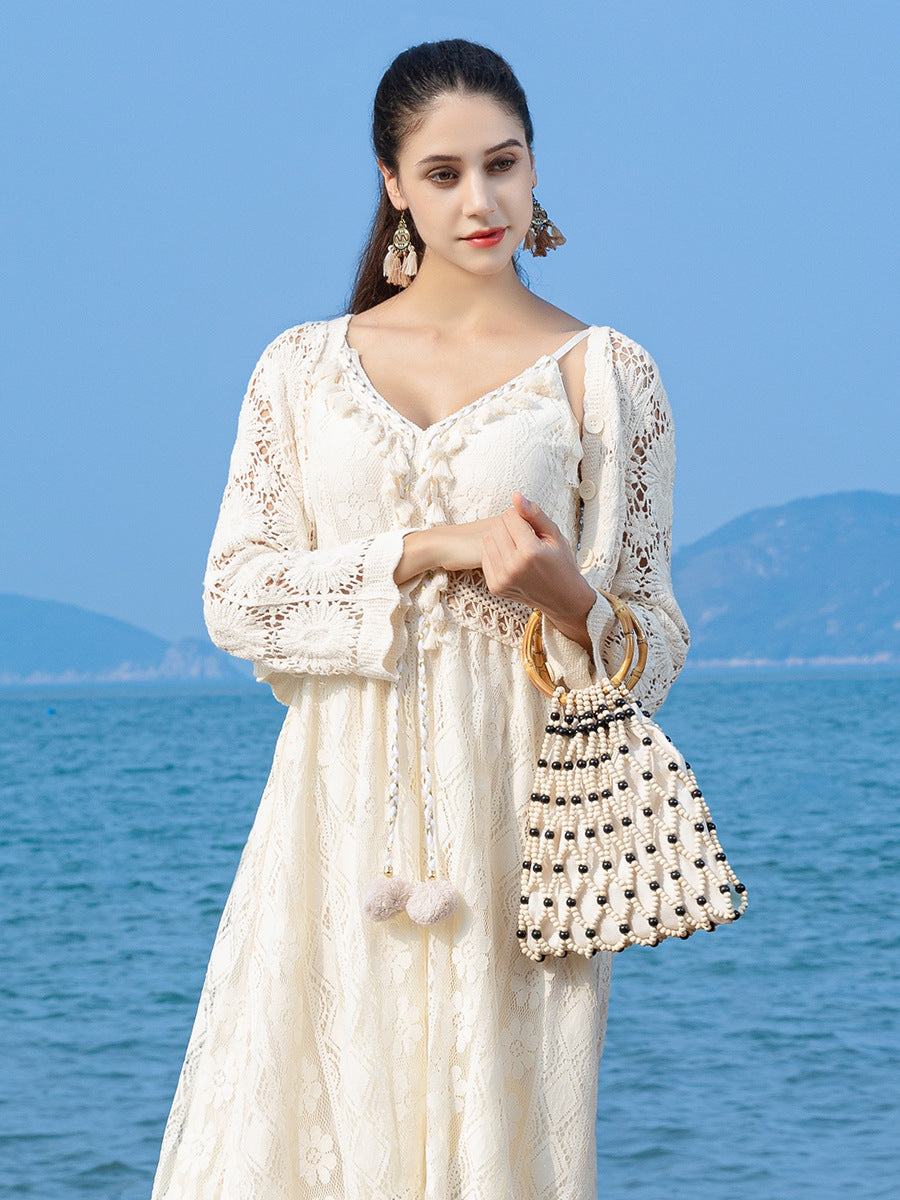 Women's Bamboo With Wooden Beads Decoration Hand-woven Seaside Handle