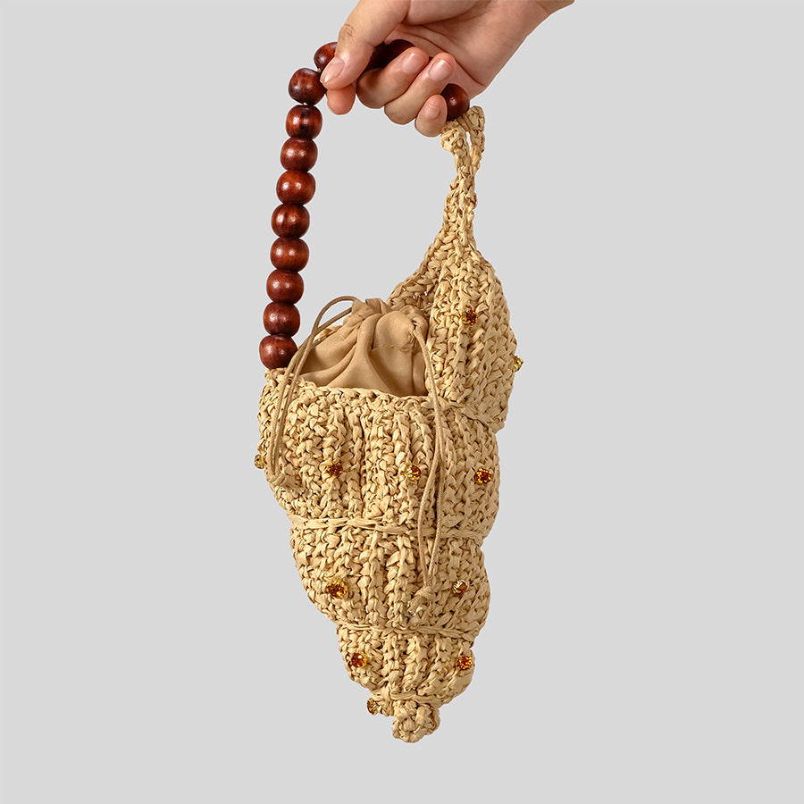 Women's Diamond Conch Straw Wooden Beaded Summer Woven Bags