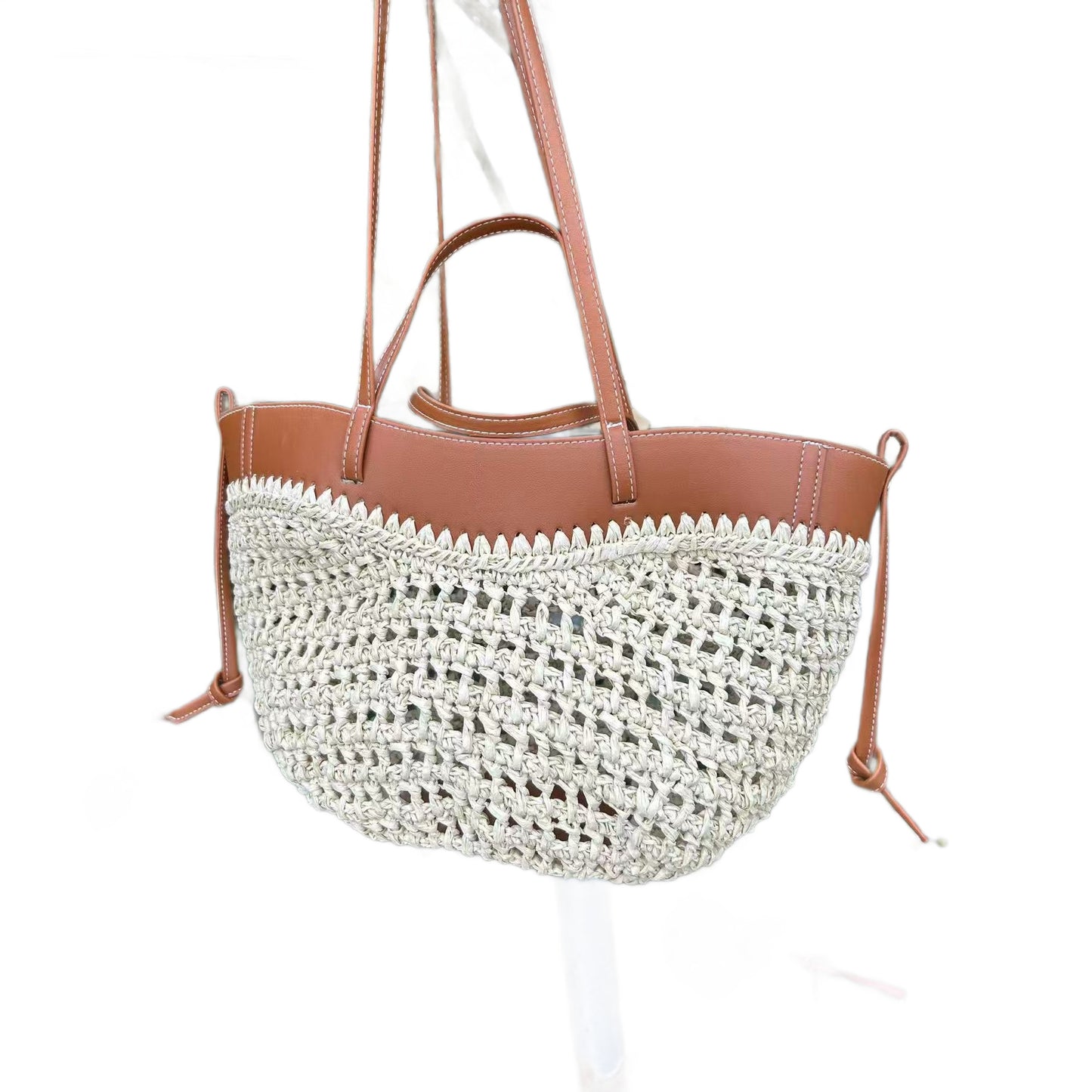 Fur Combined Summer Grass Paper Leather Stitching Commuter Seaside Vacation Women's Shoulder Bag