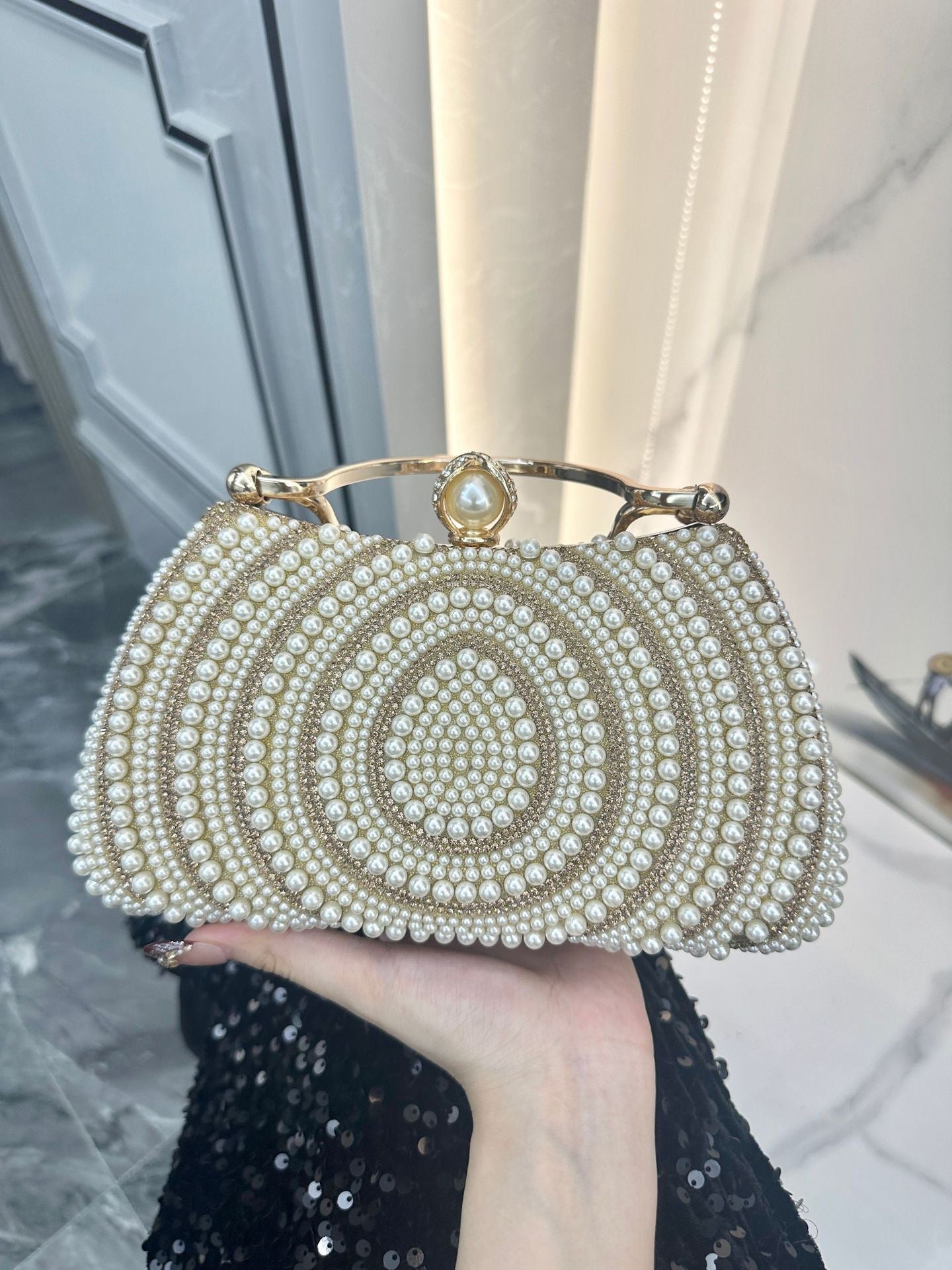 Women's Pearl Banquet Dress Diamond Clutch Dinner Bag