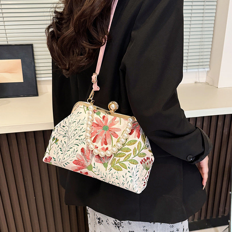 Women's Flower Embroidered Clipped Button Design Pearl Women's Messenger Bag