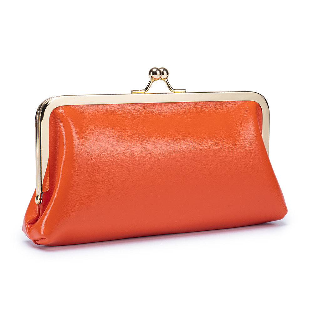 Women's Genuine Leather Retro Clip Long Simple Frame Storage Large Women's Clutch