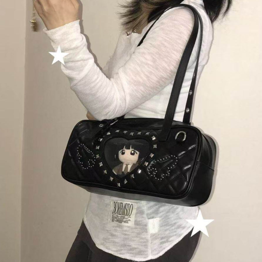 Women's Love Rhombus Cartoon Rivet Heart-shaped Window Plush Doll Women's Shoulder Bag
