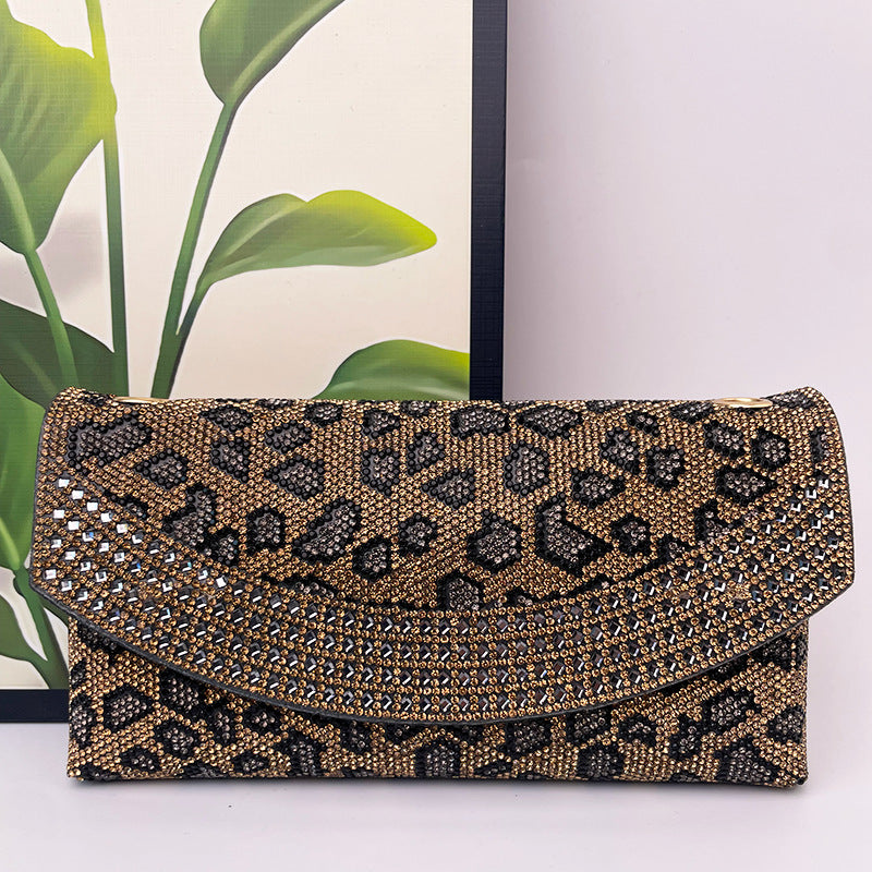 Women's Leopard Print Full Diamond Clutch Banquet Shoulder Bags