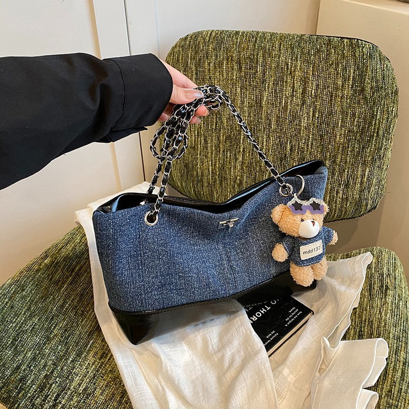 Women's Denim Blue Chain Stray Niche Stitching Contrast Color Pillow Korean Bags