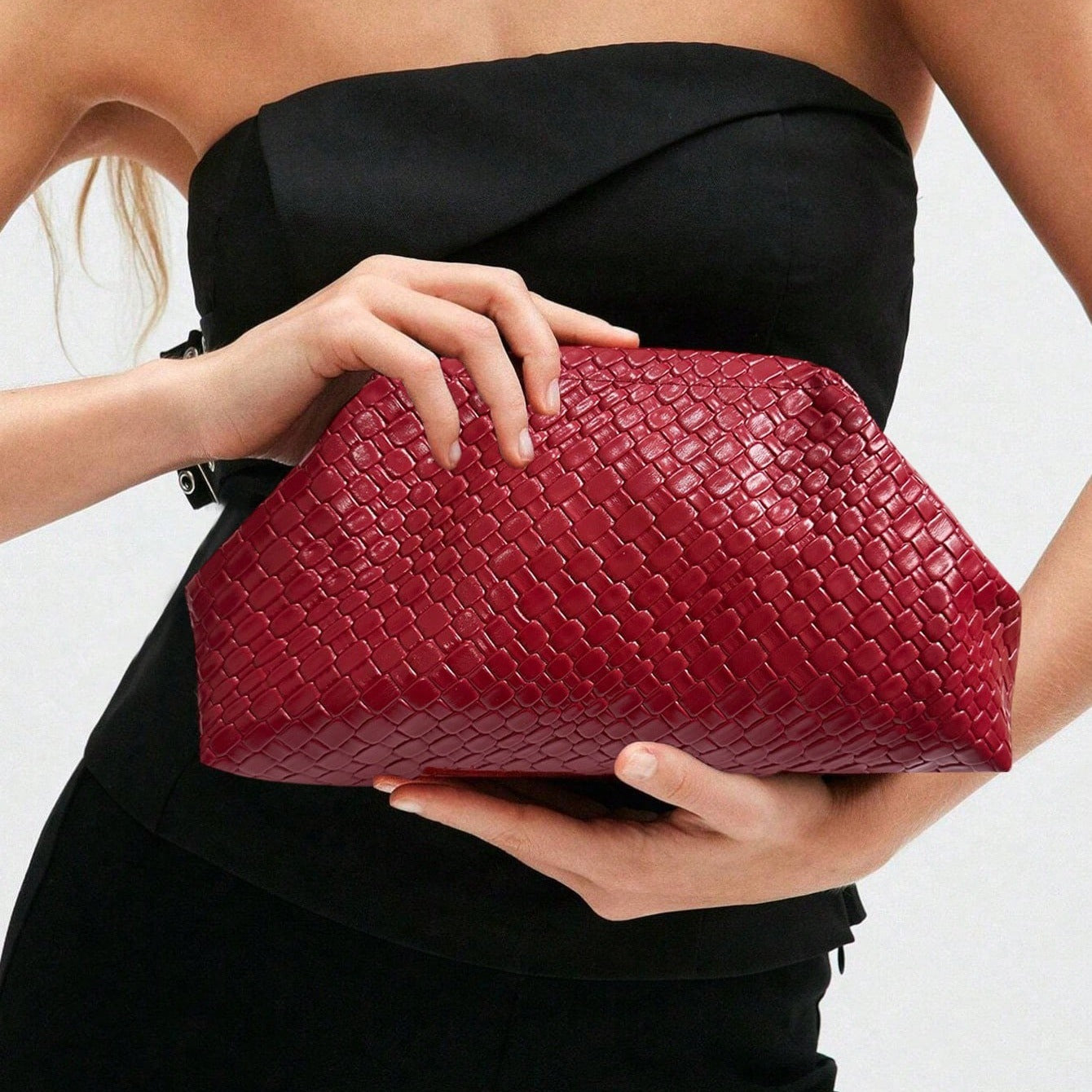 Women's Woven Pattern Dinner Angora Red High Texture Women's Clutch