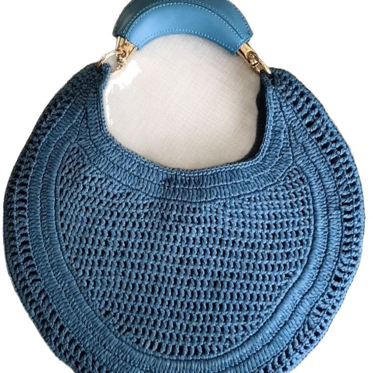 Design Straw Woven Moon Soft Leather Textured Women's Shoulder Bag