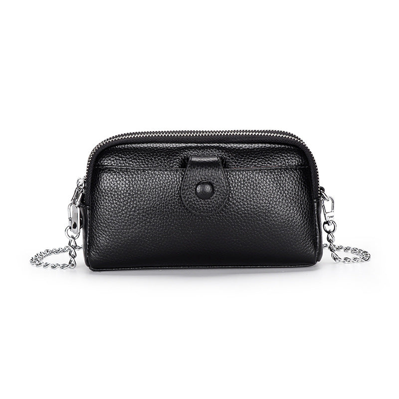 Women's Genuine Leather Chain Layer Cowhide Double Zipper Women's Clutch