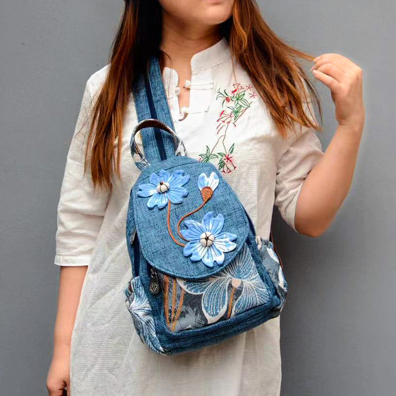 Women's Cotton Linen Canvas Ethnic Style Handicraft Blue Art Backpacks