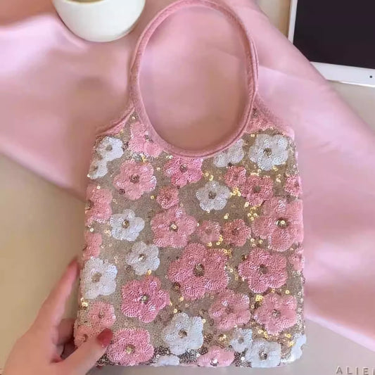 Women's Pink Embroidered Sequins Flower Gentle Sweet Bags