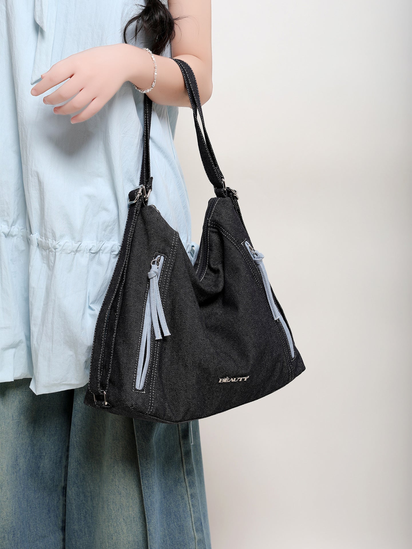 Summer Blue Jean Simple Canvas Commuter Women's Shoulder Bag
