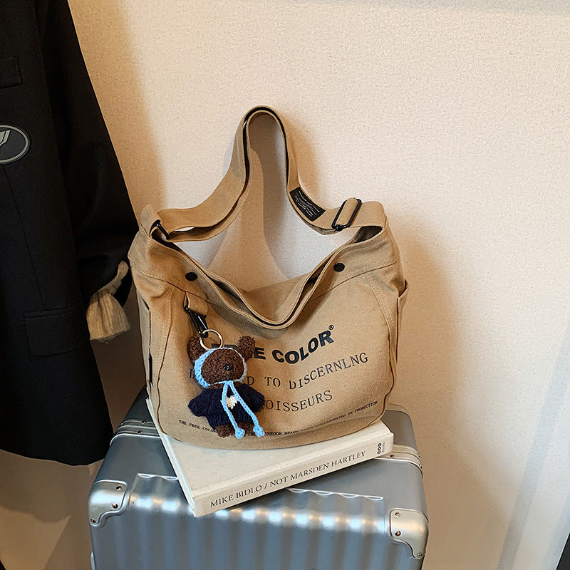 Khaki Korean Style Canvas Female Letter Retro Versatile Large Bags