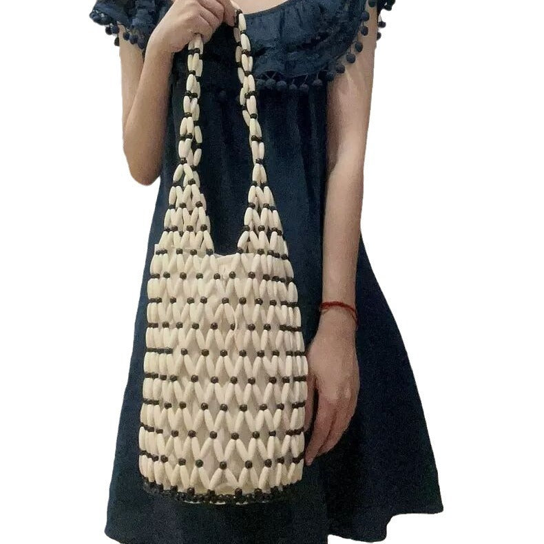 Women's Niche Design Hollow With Wooden Beads Decoration Women's Shoulder Bag