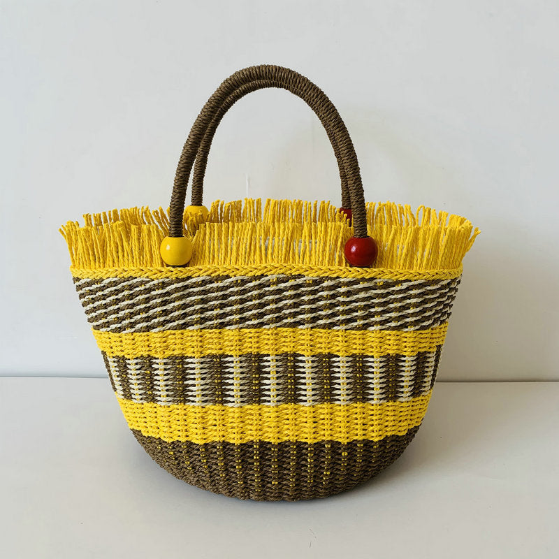 Vacation Style Beach Vegetable Basket Portable Wooden Bead Straw Twill Women's Handbag