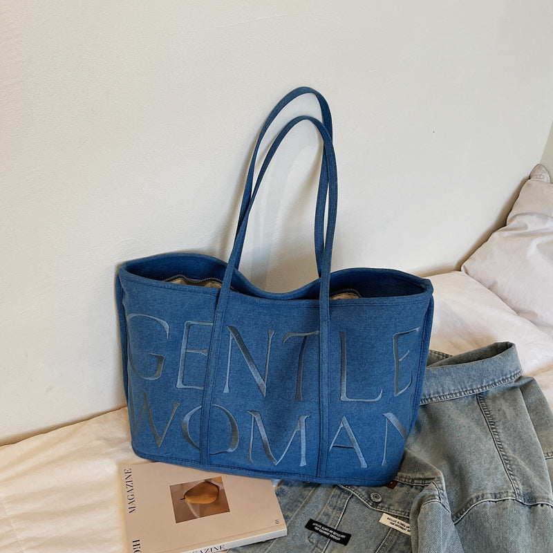 Women's Thai Letter Denim Embroidered Commuter Portable Women's Shoulder Bag