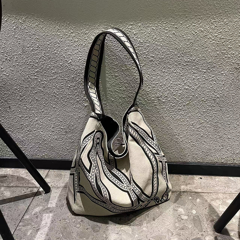 Women's Linen Fabric Silk Screen Fashion Design Large Shoulder Bags