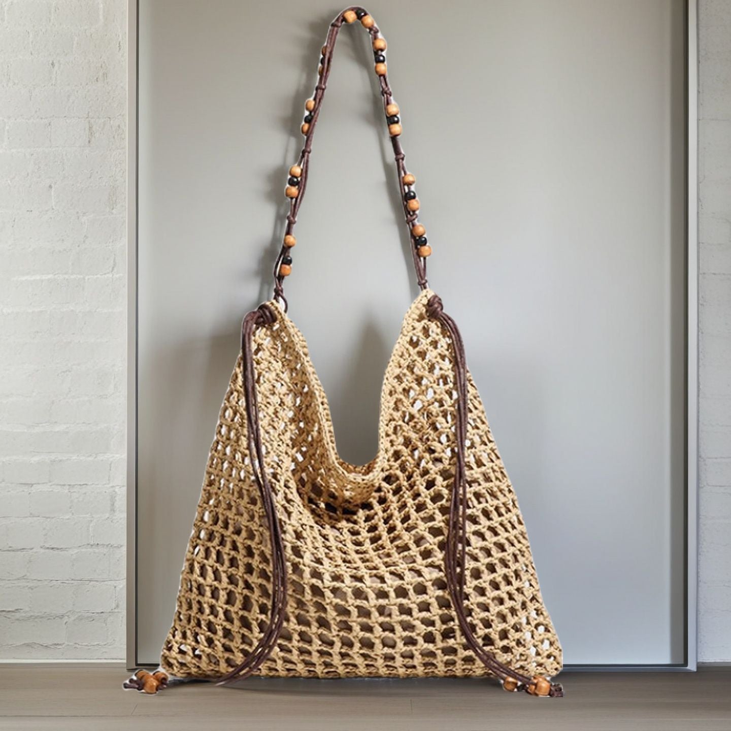 Women's Large Capacity Wooden Bead Hand-woven Vacation Style Tote Bags