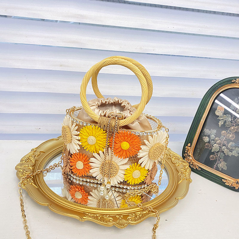 Hand-woven Shiny Rhinestone Beaded Chain Vegetable Basket Women's Handbag
