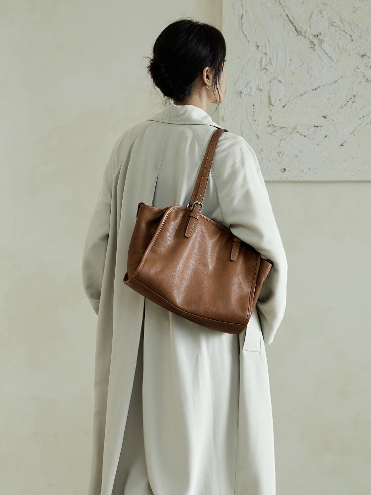 Women's Bowling Vegetable Tanned Leather Cowhide Portable Vintage Genuine Large Women's Shoulder Bag