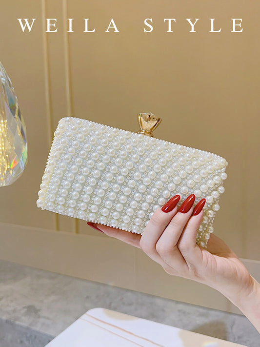 Women's Trendy White Dinner Beaded Elegant Retro Box For Bags