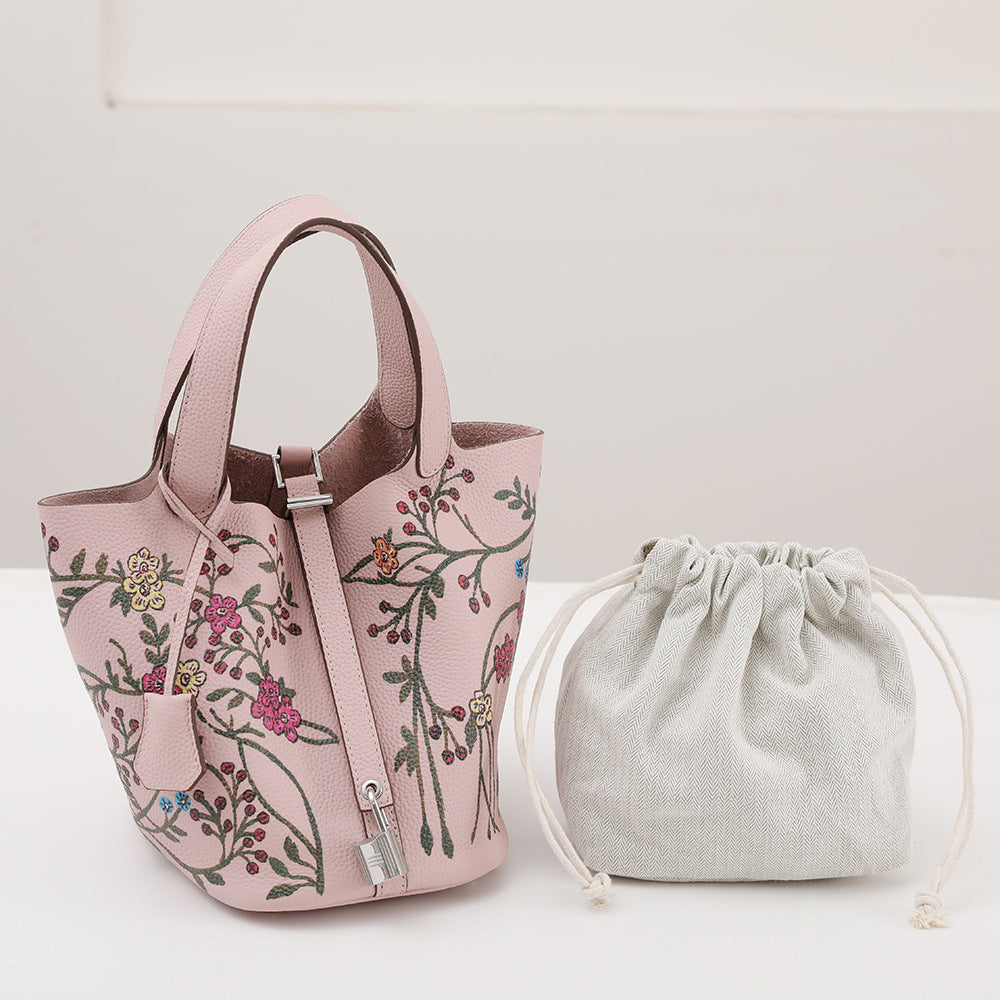 Women's First Layer Cowhide Painted Vegetable Basket Portable Genuine Bags