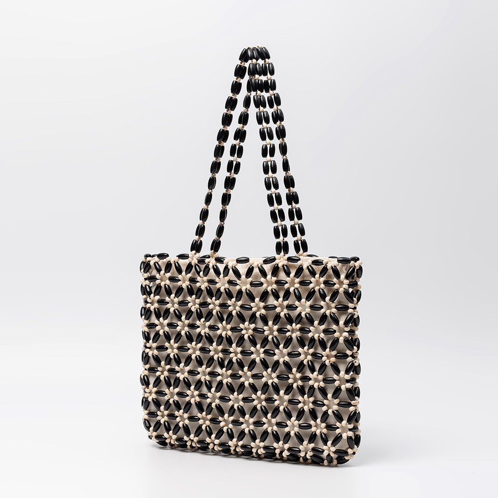 Women's With Wooden Beads Decoration Contrast Color Beaded Handmade Women's Shoulder Bag