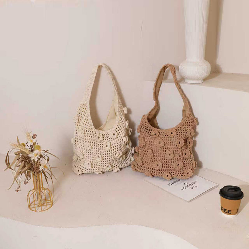 Fresh Three-dimensional Flower Cotton Thread Woven Hollow Women's Shoulder Bag