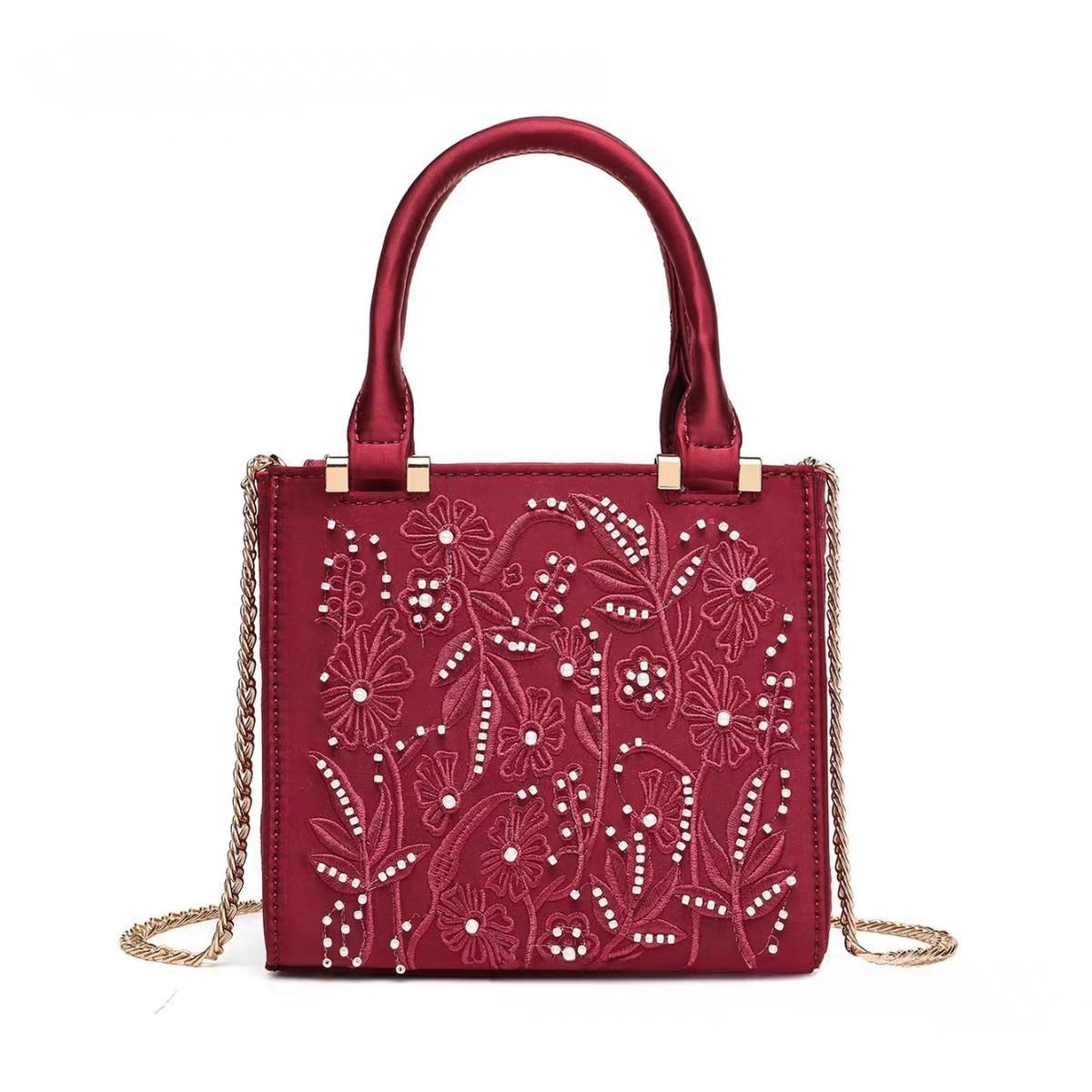 Women's Artificial Decorated Pearls Silk Satin Texture Hard Women's Handbag