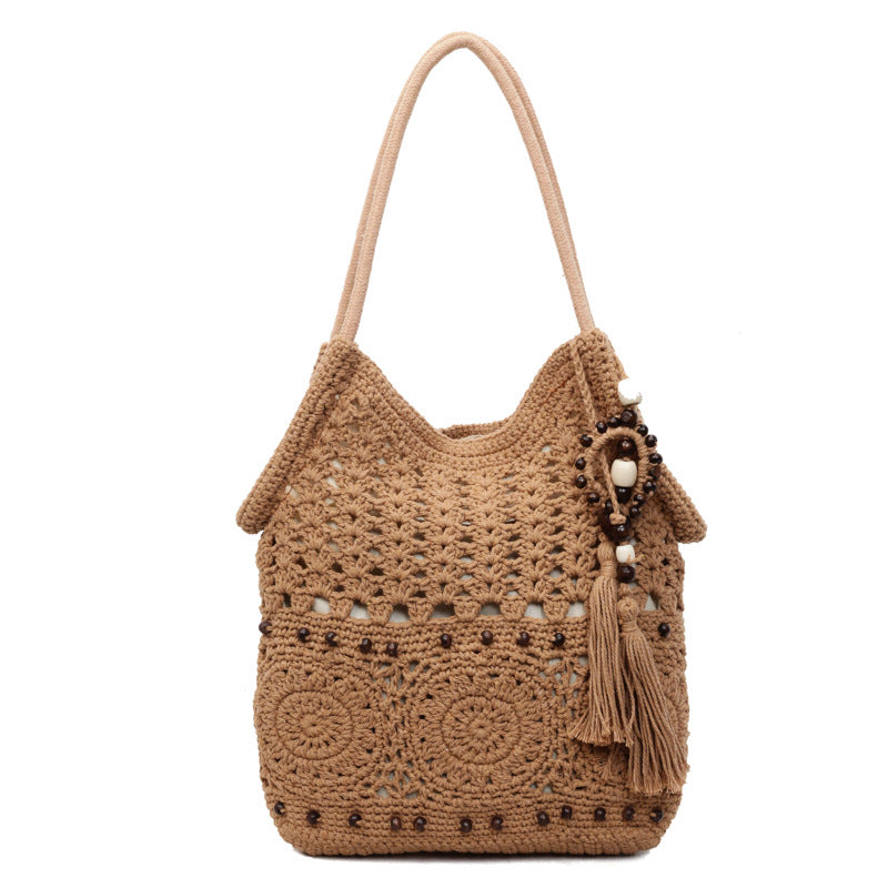 Women's Comfortable Style Cotton Thread Woven Hollow Large Capacity Straw Bags