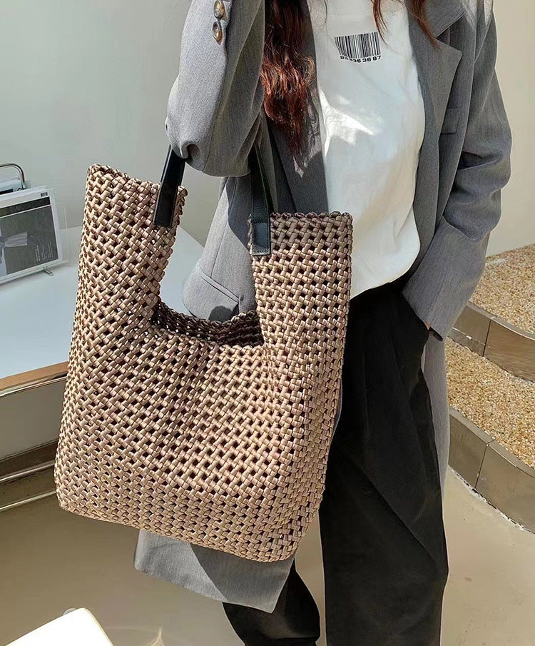 Cowhide Retro Woven Large Capacity Totes Mother Underarm Tote Bag