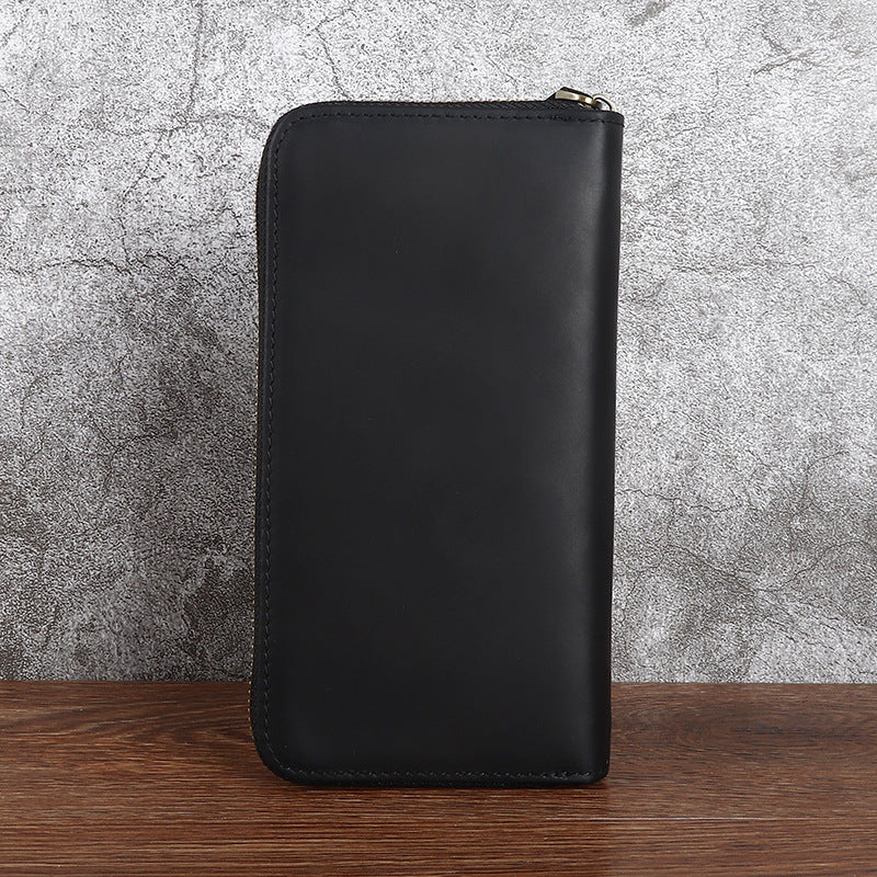 Men's Crazy Horse Leather First Layer Cowhide Zipper Long Retro Handmade Men's Clutch