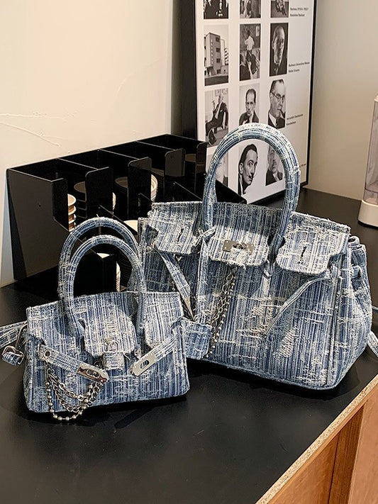Women's Denim Retro Distressed Portable Platinum Large Bags
