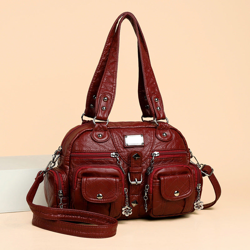 Elegant Sier Flower Real Washed Leather Smiling Women's Handbag