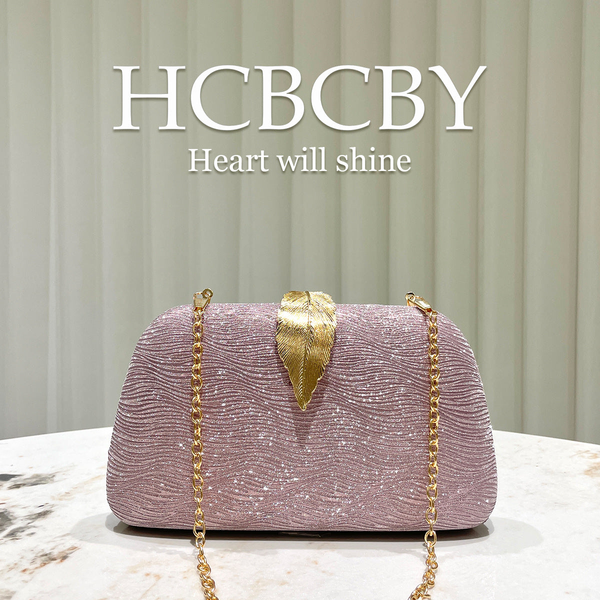 Women's Pink Glitter Striped Leaf Fashion Elegant Dinner Bag