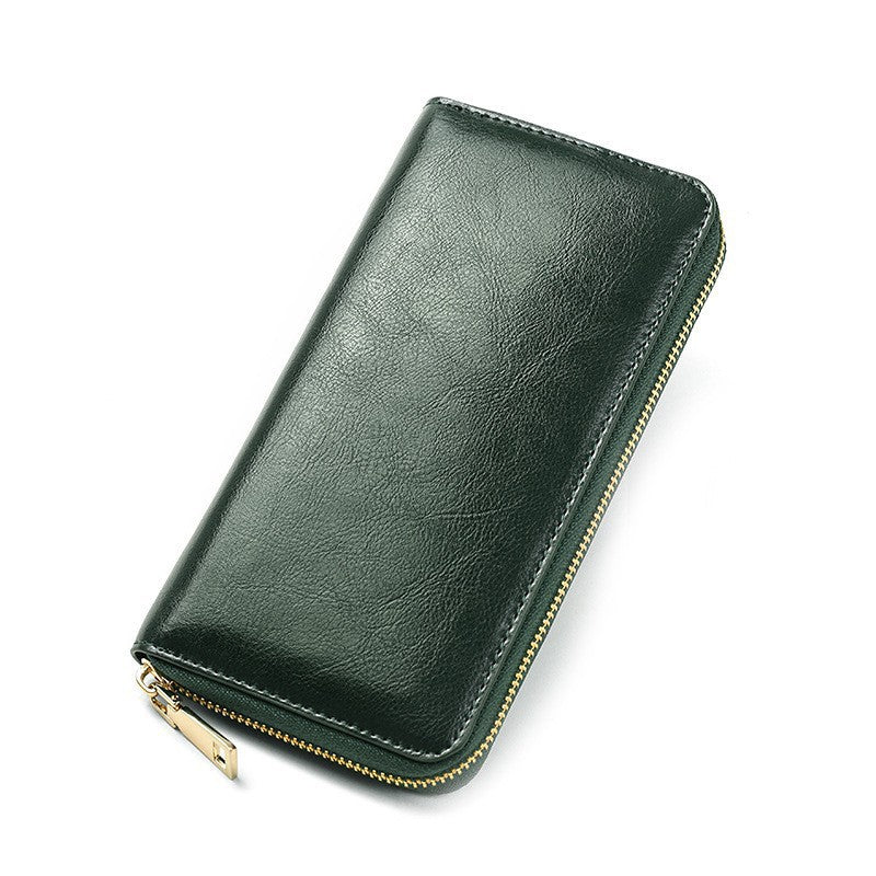 Women's Oil Wax Grain Cowhide Zip Long Genuine Leather Large Ladies Wallet