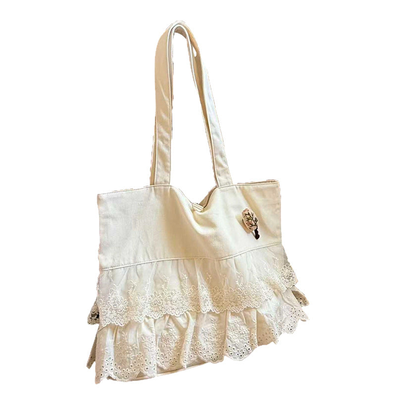 Women's Lace Layered Stitching Canvas Large Capacity Commuter Women's Shoulder Bag