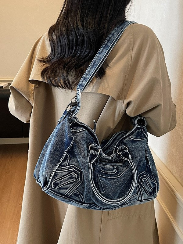 Women's Denim Motorcycle Niche Large Capacity Portable Distressed Texture Sweet Women's Handbag